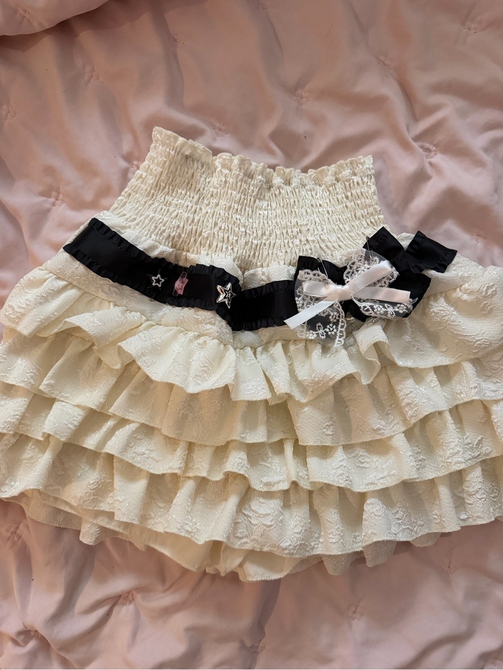 Handmade Cream Ruffle Skirt with Black and White Accents and Shorts